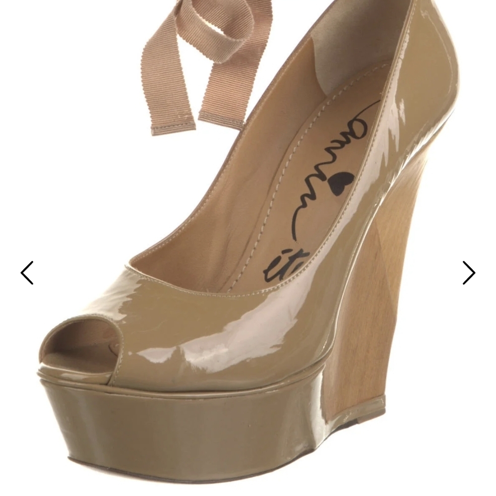 Lanvin Glossy Tan Peep-Toe Wedges